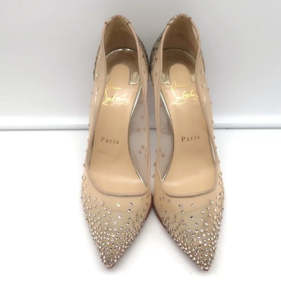 Christian Louboutin Follies Strass 100 Pumps Nude Mesh & Gold Glitter Size 37 - Picture 3 of 12